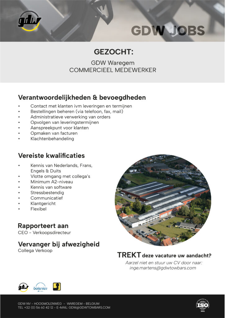 Vacature voor commercieel medewerker die voornamelijk bureau werk zal doen in een 9 to 5 job.